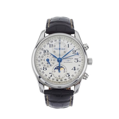 Lot 243 - Longines, a stainless steel Master Collection Day-Date Moonphase Chronograph wrist watch
