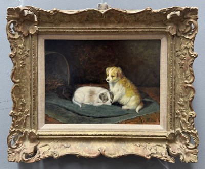 Lot 335 - G. Metisu, a portrait of two puppies on a...