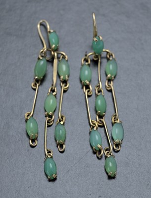 Lot 15 - A pair of gold chrysoprase chandelier drop earrings