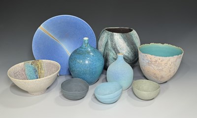 Lot 104 - A collection of studio ceramics, blue glazed...