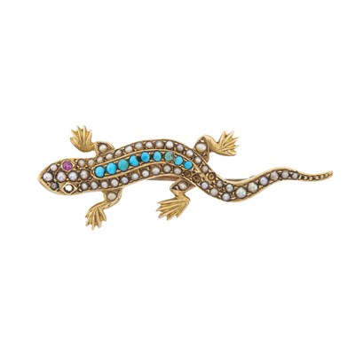Lot 2 - An Edwardian 15ct gold turquoise, pearl and pink sapphire salamander novelty brooch