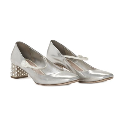 Lot 491 - Miu Miu, a pair of silver leather Mary Jane pumps.