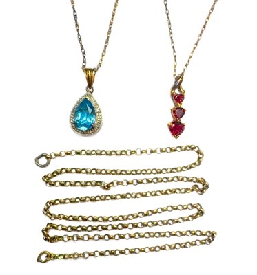 Lot 404 - Two gold gem-set pendants, on chain and a 9ct gold beclher-link chain