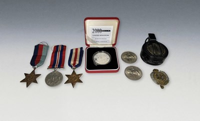 Lot 382 - A small selection of medals and coins, together with a British Military compass dated 1942