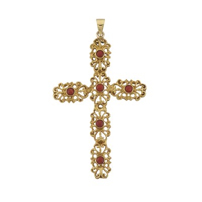 Lot 95 - An 18ct gold coral cross pendant