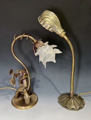 Lot 623 - Two brass table lamps: a flexi stem shell...