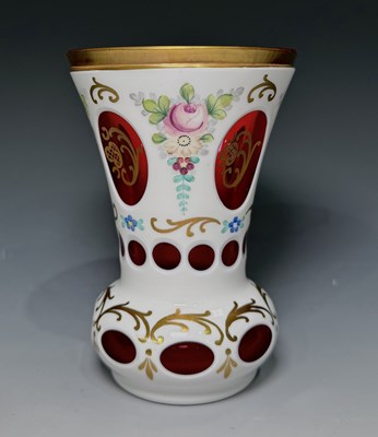 Lot 199 - A Czech Bohemian opaque cased ruby glass vase,...