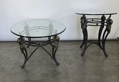 Lot 726 - Two tables, cast iron bases, topped with...