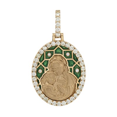 Lot 73 - A 14ct gold diamond and green enamel Mother and Child pendant