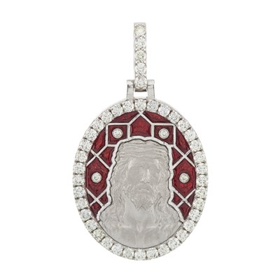 Lot 171 - A 14ct gold diamond and red enamel religious pendant