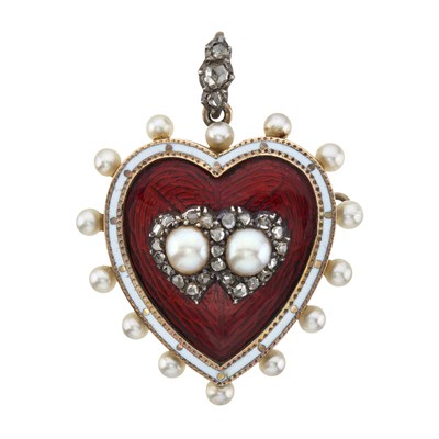 Lot 9 - A late Victorian diamond, pearl and red guilloche enamel sweetheart pendant brooch