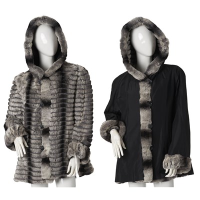 Lot 555 - O'merinos, a reversible hooded chinchilla fur jacket.