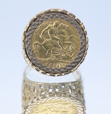 Lot 37 - A George V 1911 half sovereign in 9ct ring mount