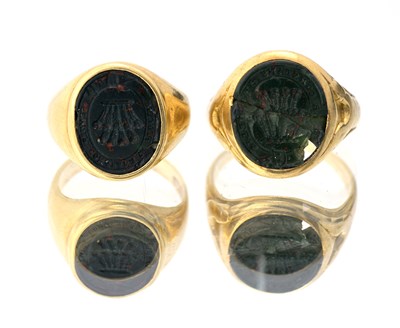 Lot 65 - Two 18ct gold bloodstone intaglio seal signet rings