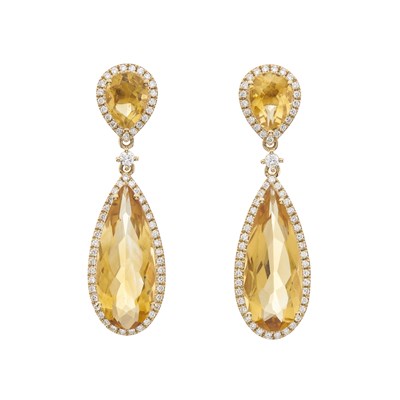 Lot 194 - A pair of 14ct gold citrine and diamond cluster drop earrings