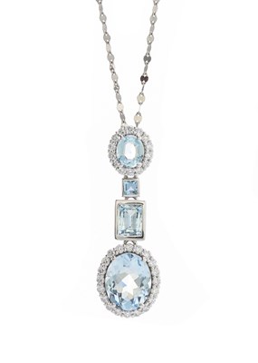 Lot 217 - A platinum aquamarine and diamond drop pendant, with chain