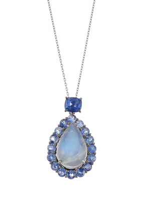 Lot 75 - A platinum moonstone and sapphire cluster pendant, with chain