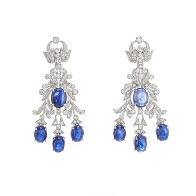 Lot 164 - A pair of platinum sapphire and diamond chandelier drop earrings