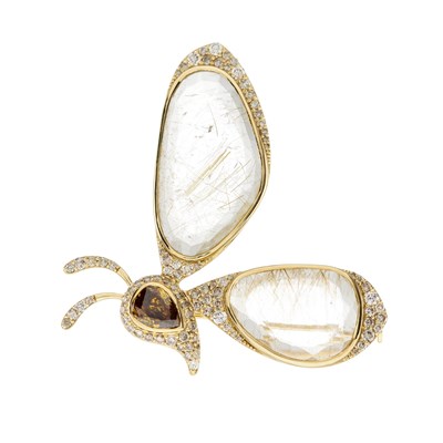 Lot 63 - An 18ct gold fancy coloured diamond, diamond and quartz butterfly brooch