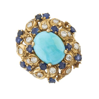 Lot 147 - An 18ct gold turquoise, sapphire and diamond dress ring