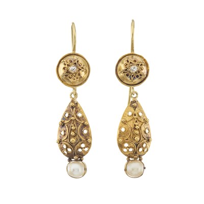 Lot 24 - A pair of gold pearl and diamond drop earrings