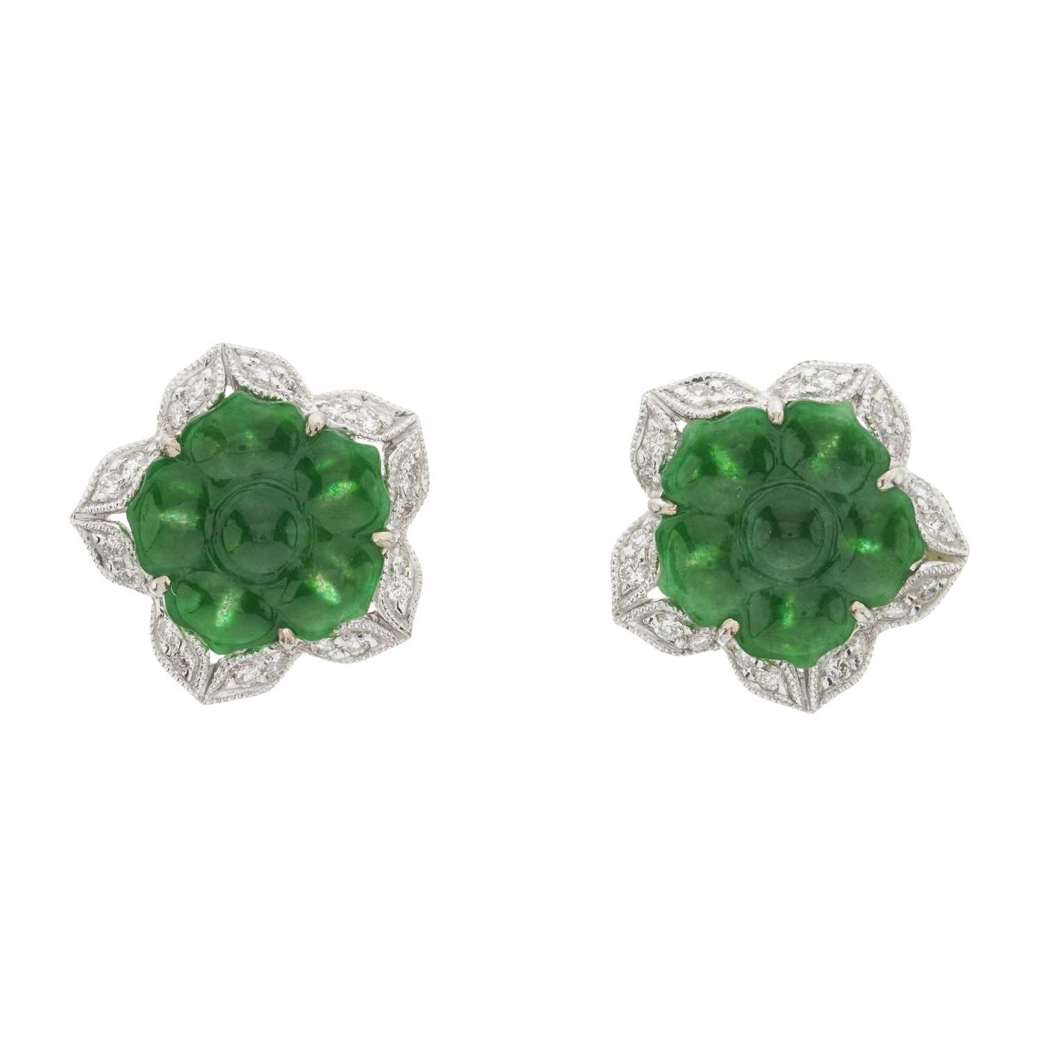 Lot 38 - A pair of 18ct gold jade and diamond floral cluster stud earrings