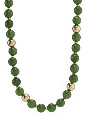 Lot 208 - A nephrite jade bead necklace, with 18ct gold brilliant-cut diamond clasp