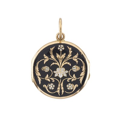 Lot 4 - A Georgian gold black and white enamel floral locket pendant