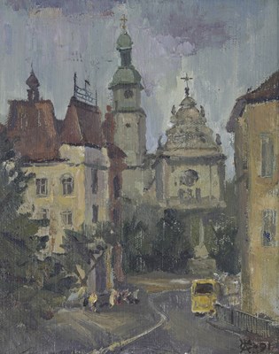 Lot 301 - Eastern European School, a town with a yellow...