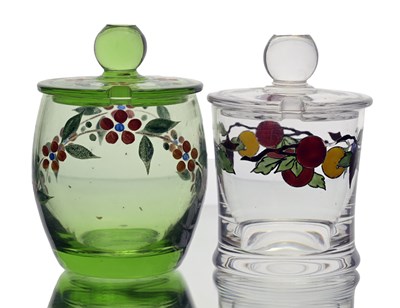 Lot 439 - Stuart, two Art Deco enamelled glass preserve...