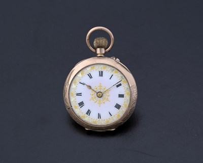 Lot 102 - An Edwardian 9ct gold enamel open face pocket watch, AF