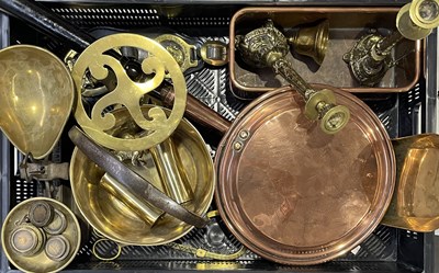 Lot 16 - A collection of brass and copper items: an...