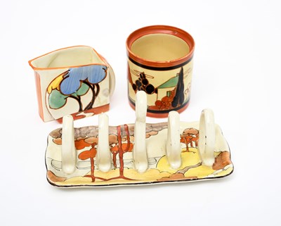 Lot 752 - Clarice Cliff, a Coral Firs Bizarre toast rack,...