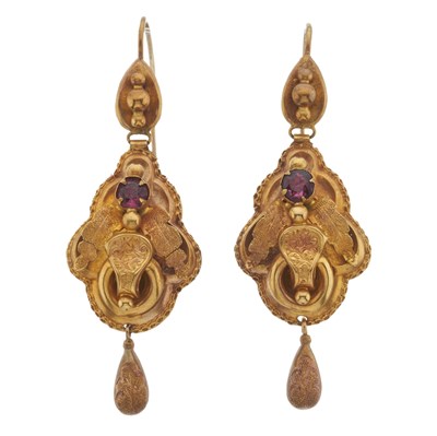 Lot 21 - A pair of gold mid Victorian garnet foliate drop earrings