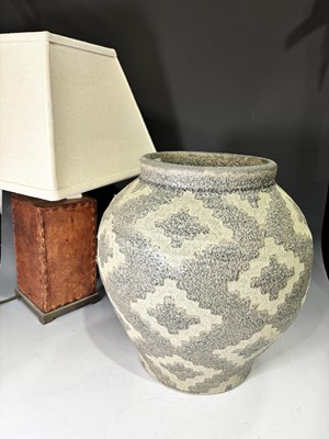 Lot 129 - A leather and brassed rectangular table lamp,...