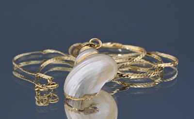 Lot 4 - A gold mounted shell pendant, with 18ct gold chain