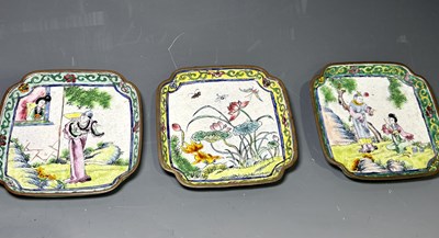 Lot 134 - Three Chinese Canton enamel trays, square form...