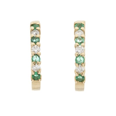 Lot 82 - A pair of 14ct gold emerald and diamond hoop earrings