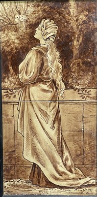 Lot 273 - A PreRaphaelite painted two tile panel, on...