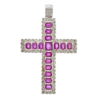 Lot 170 - An 18ct gold ruby and diamond cross pendant