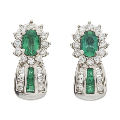 Lot 84 - A pair of 14ct gold emerald and diamond cluster earrings