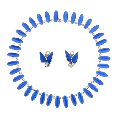 Lot 38 - Einar Modahl, a Norwegian silver blue enamel necklace and earrings