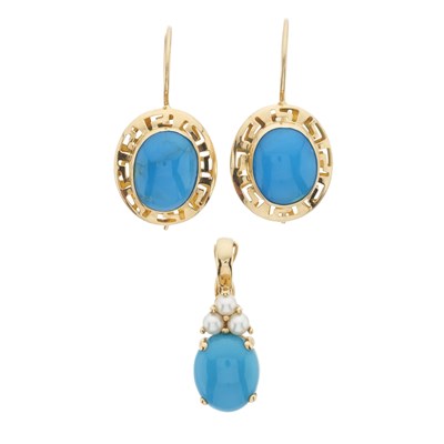Lot 83 - A pair of 14ct gold turquoise earrings and a pendant