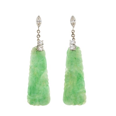 Lot 92 - A pair of carved jade and diamond drop earrings
