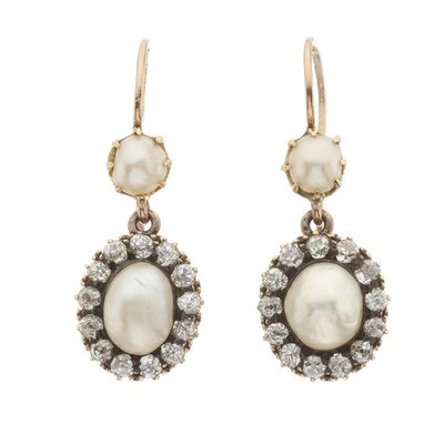 Lot 33 - A pair of late Victorian pearl and diamond cluster drop earrings