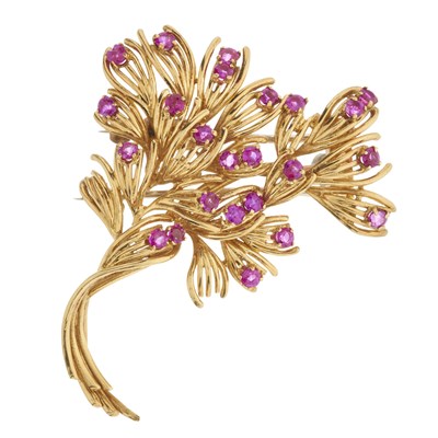 Lot 46 - Tiffany & Co., an 18ct gold ruby floral spray brooch