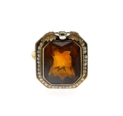 Lot 26 - A mid 20th century 14ct gold orange quartz and pearl dress ring