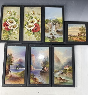 Lot 103 - Three pairs of Victorian painted tile plaques,...