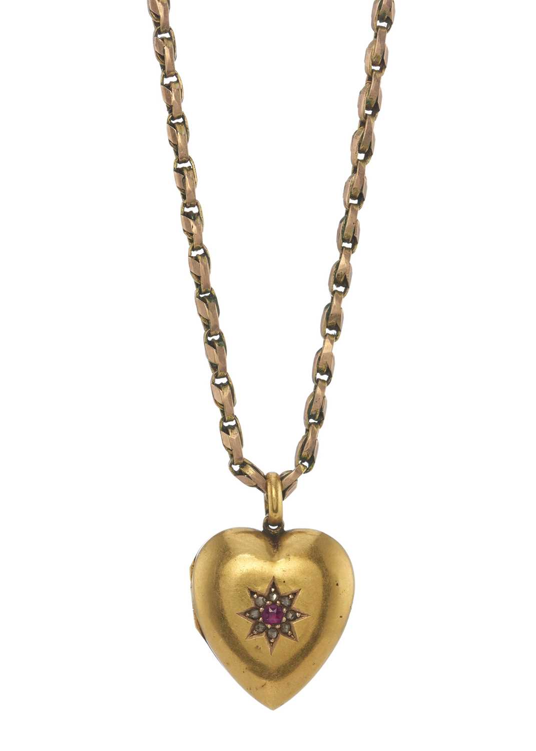 Lot 5 - A late Victorian 15ct gold ruby and diamond heart locket pendant, with chain