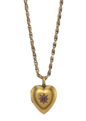 Lot 19 - A late Victorian 15ct gold ruby and diamond heart locket pendant, with chain